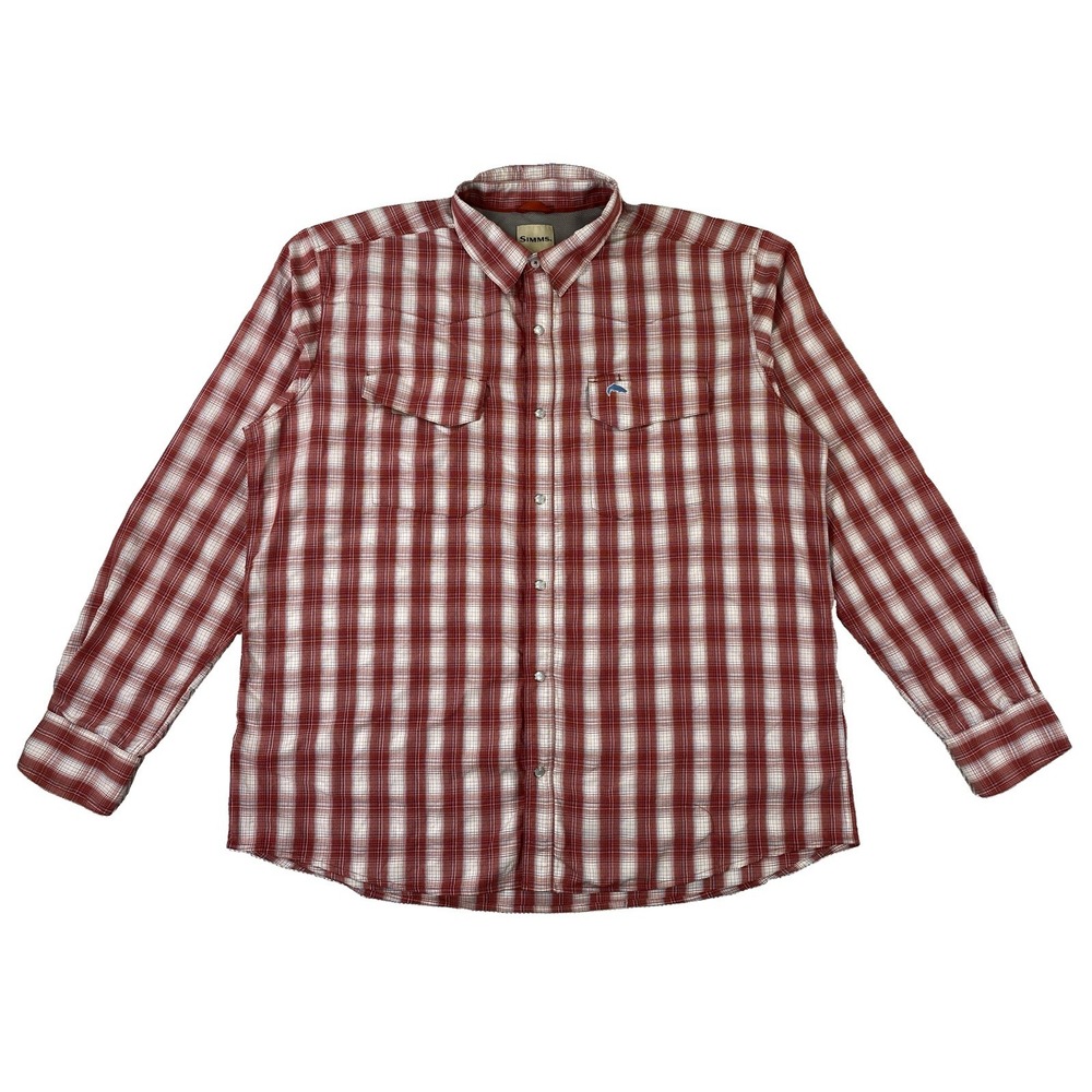 Simms Fishing Pearl Snap Vented Shirt Men's XL Red Plaid Long Sleeve